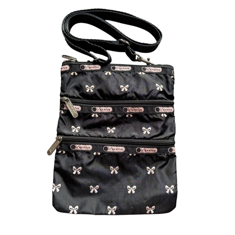 LeSportsac Kasey Crossbody Bag Black Pink Embroidered Bows Ripstop Nylon Retired